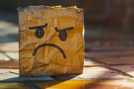 Sad face painted on a piece of paper. Sadness concept.の素材