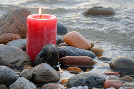 Red candle on the sea shore with pebbles and stones.の素材