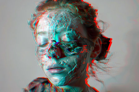 Close-up portrait of a beautiful girl with paint on her faceの素材