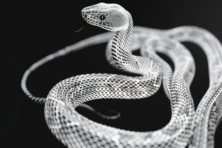 White snake on a black background. Close-up, macro.の素材