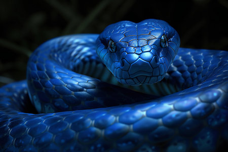 a blue cobra snake in a dark backgroundの素材
