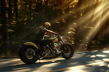 Motorcyclist riding a chopper on a forest road at sunsetの素材