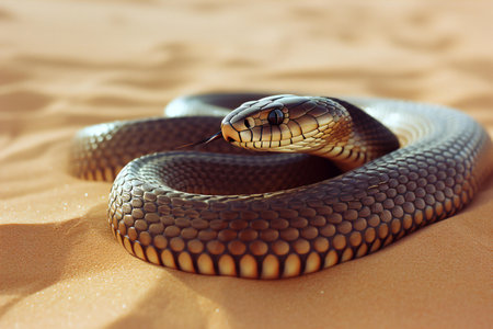 Close-up of a black-nosed rat snake in the sandの素材