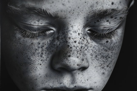 Closeup portrait of a girl with freckles on her faceの素材