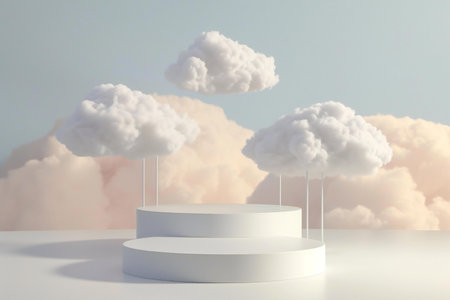 White podium with clouds in the sky.の素材