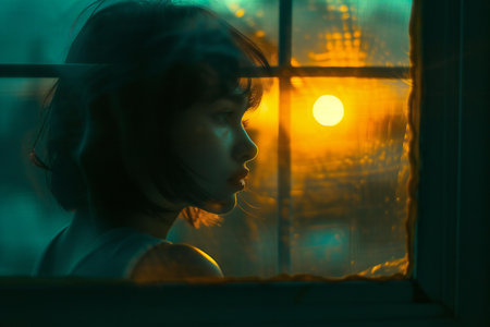 Sad little girl looking out the window at sunset. Silhouetteの素材