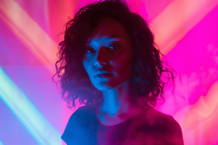 Beautiful young african american woman with curly hair posing in neon lightの素材