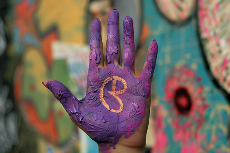 Painted hand with the number eight on it, painted with lilac paint.の素材
