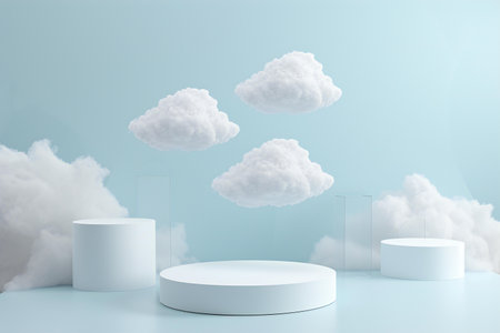 abstract minimal scene with white clouds, podium for product displayの素材