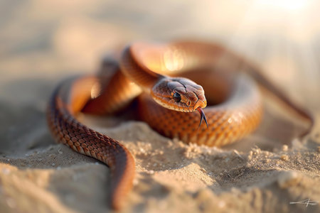 Close-up of a snake on the sand in the sun.の素材