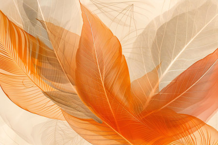 Beautiful abstract color white and orange feathers on white background and gray and orange feather texture, brown background, orange feathers bannersの素材