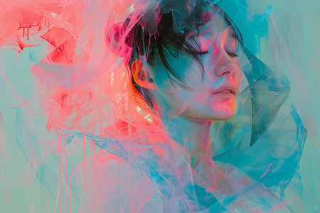Portrait of a beautiful young asian woman with blue and pink abstract backgroundの素材