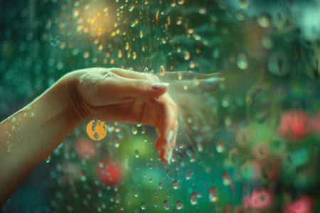 Rainy day in the garden. Woman's hand is holding raindrops on the window.の素材