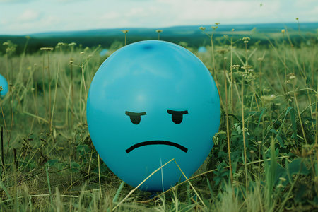 Sad face on a blue egg in the meadow. Sadness concept.の素材