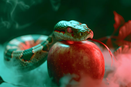 Close up of an apple and a snake on a green background.の素材