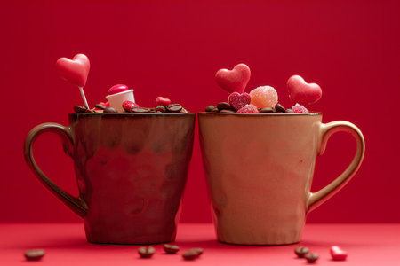Two cups of hot chocolate with marshmallow hearts on a red backgroundの素材