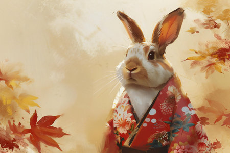 Rabbit in Japanese kimono on the background of autumn leavesの素材