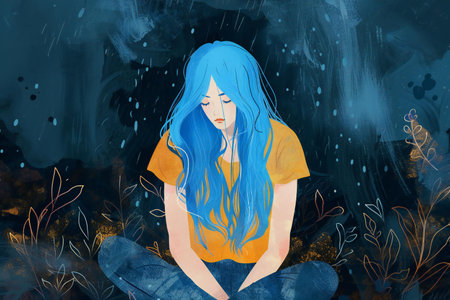 Illustration of a girl with blue hair sitting on the ground.の素材
