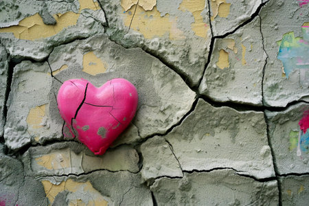 Broken heart on the old cracked wall. Love concept. Valentine's Day.の素材