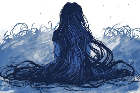 Silhouette of a girl with long hair in the wind.の素材