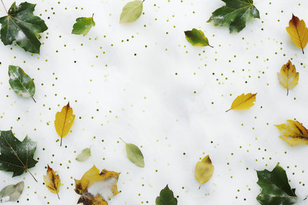 Autumn leaves on white snow. Flat lay, top view.の素材