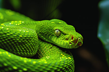 Green pit viper snake on dark background. Green pit viperの素材