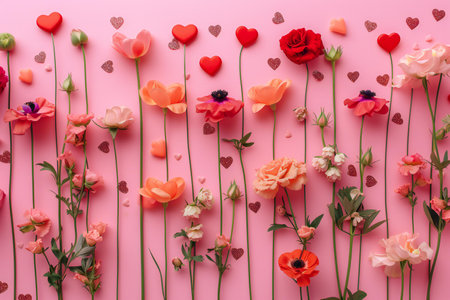 Beautiful flowers and hearts on pink background, flat lay. Valentine's day celebrationの素材