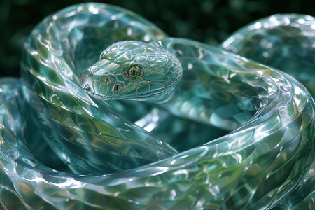 Close-up of a snake wrapped in a plastic wrap on a green backgroundの素材