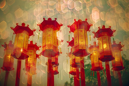 Lanterns in chinese temple with bokeh backgroundの素材