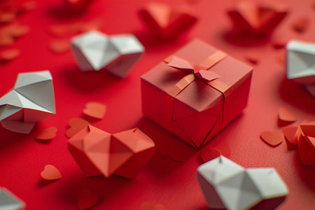 Paper origami hearts on red background. Valentine's day concept.の素材