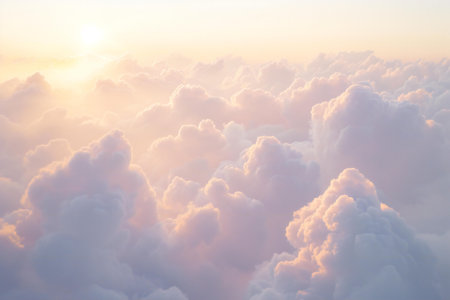 Sunset sky and cloud background. Beautiful nature landscape. View from airplane window.の素材