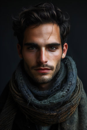 Portrait of a handsome young man wearing scarf and shawlの素材