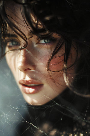 Portrait of a beautiful young woman with black hair and spider webの素材
