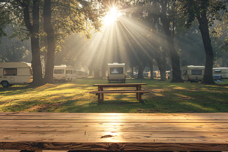 Wooden table and chairs in a camping area with sunbeamsの素材