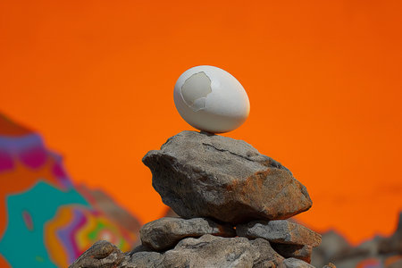 Broken egg on a rock against the background of an orange wallの素材