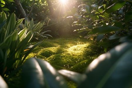 Green moss in the garden at sunset time. Beautiful nature background.の素材