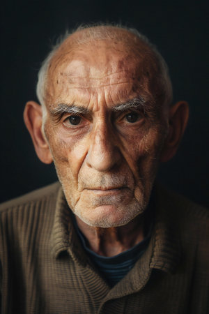 Portrait of an elderly man on a dark background. Close-up.の素材