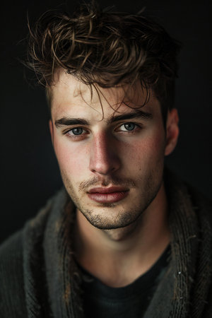 Portrait of a handsome young man with wet hair on black backgroundの素材