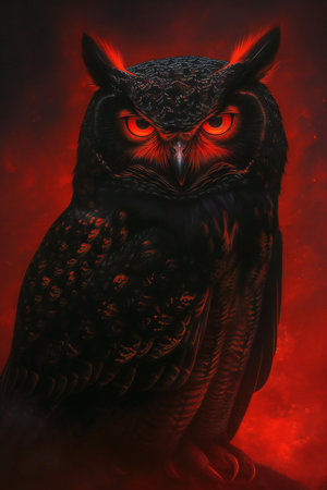 Owl in the dark with red smoke,の素材