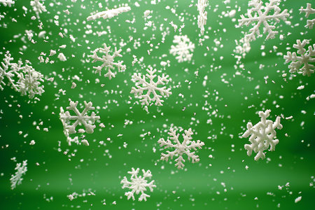 snowflakes on a green background close-up macro photoの素材