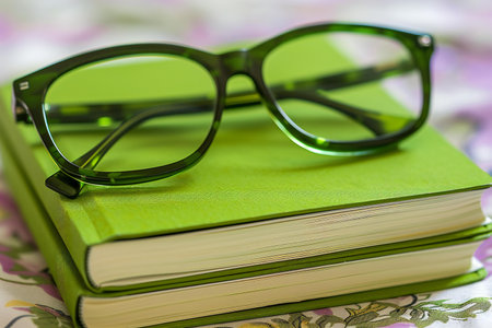 green book and eyeglasses on a background of a pink flowerの素材