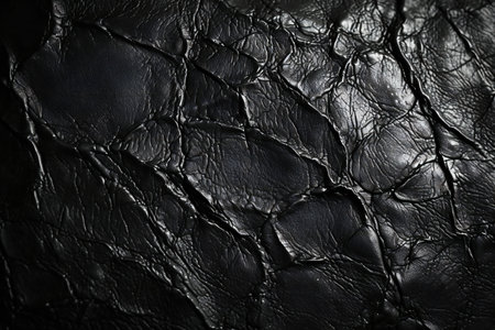 Black leather texture background. Close-up image of black leather texture.の素材