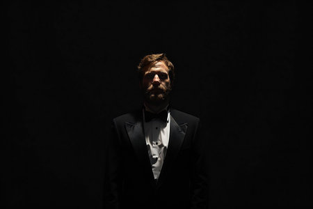 Portrait of a bearded man in a tuxedo on a dark backgroundの素材