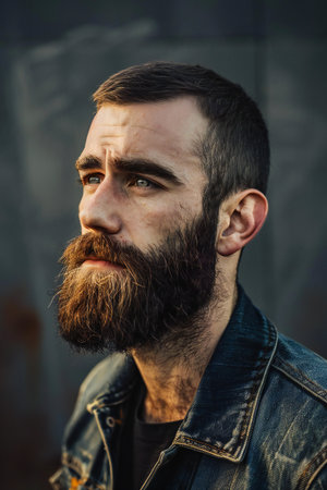 Portrait of a brutal man with a long beard and mustache in a denim jacketの素材