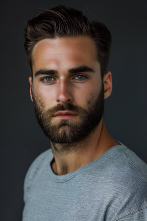 Portrait of a handsome young man with a beard on a dark backgroundの素材