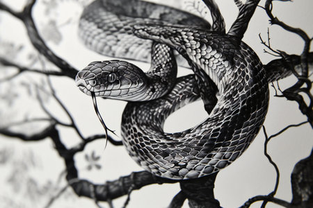 Black and white image of a snake on a tree branch in the forestの素材