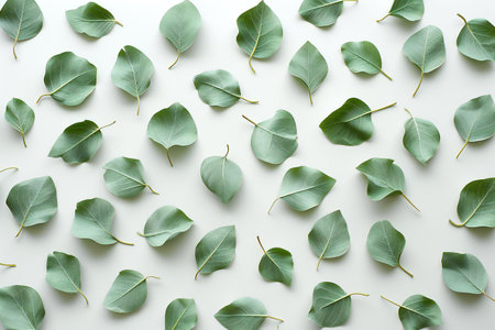 Green eucalyptus leaves on white background. Flat lay, top viewの素材