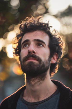 Young handsome bearded hipster man with long curly hair in urban backgroundの素材