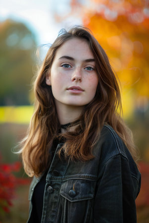 Portrait of a beautiful girl in the autumn park. Beauty, fashion.の素材