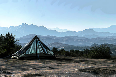 Tent in the mountains. The concept of travel and camping.の素材